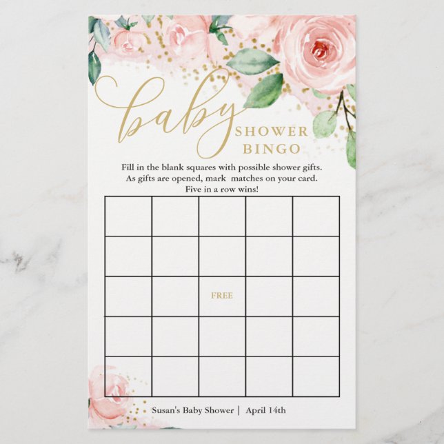Rosa och Guld Blommigt Babykläder Bingo Game Card (Framsida)