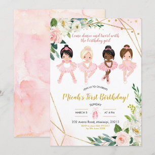 Rosa och Guld Blommigt Ballet Girl Birthday Inbjudningar