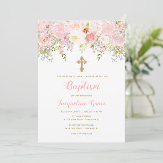 Rosa och Guld Blommigt Baptism-inbjudan flicka Inbjudningar