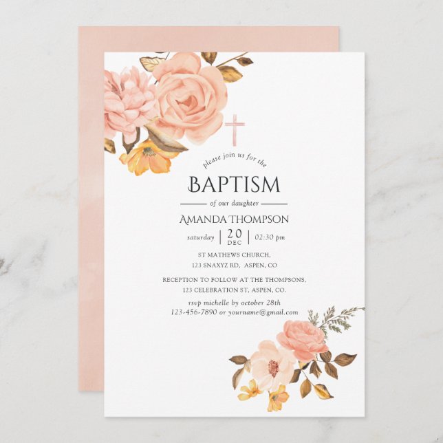  Rosa och Guld Blommigt Baptism Inbjudningar (Fram/baksida)