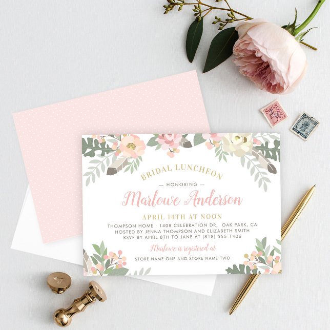  Rosa och Guld Blommigt Boho Möhippa Luncheon Inbjudningar (Skapare uppladdad)