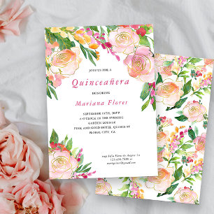 Rosa och Guld Blommigt Chic Quinceanera-inbjudan Inbjudningar
