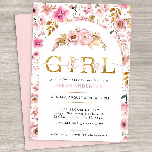  Rosa och Guld Blommigt Flicka Shower Invita Inbjudningar (It's A Girl Baby Shower Invitation)