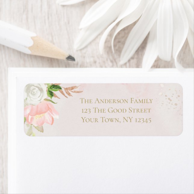  Rosa och Guld Blommigt för vattenfärg Returadress Etikett (Insitu)