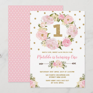 Rosa och Guld Blommigt Första födelsedag Party Inb Inbjudningar