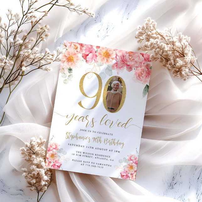 Rosa och Guld Blommigt Foto 90:e födelsedag Inbjudningar (Skapare uppladdad)
