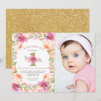Rosa och Guld Blommigt Girls första födelsedagsfot Inbjudningar
