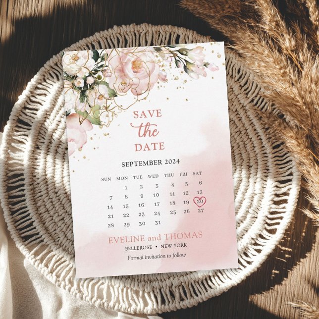  rosa och guld blommigt, grönt guld-sparkler spara datumet (Blush pink and gold floral greenery gold sparkles save the date)