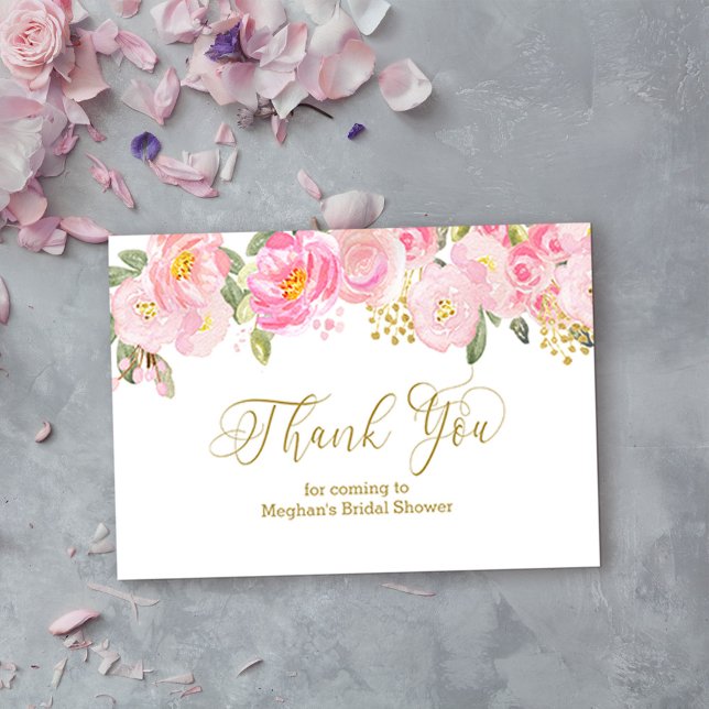 Rosa och Guld Blommigt Guld Kalligrafi Tack Tilläggskort (Pretty thank you card from my Pink and Gold Watercolor Floral Collection)