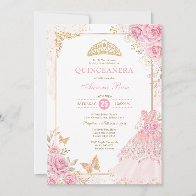 Rosa och Guld Blommigt Krona Princess Quinceañera Inbjudningar (Framsida)