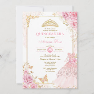 Rosa och Guld Blommigt Krona Princess Quinceañera Inbjudningar