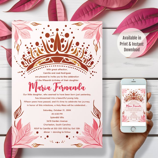 Rosa och Guld Blommigt Krona Quinceañera Party Inbjudningar (Skapare uppladdad)