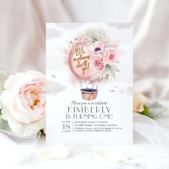 Rosa och Guld Blommigt Luftballong 1:a födelsedage Inbjudningar (Floral Birthday Invitations)