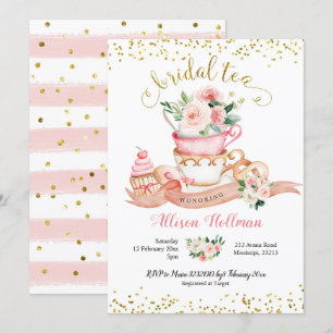 Rosa och Guld Blommigt Möhippa Tea Party Inbjudningar