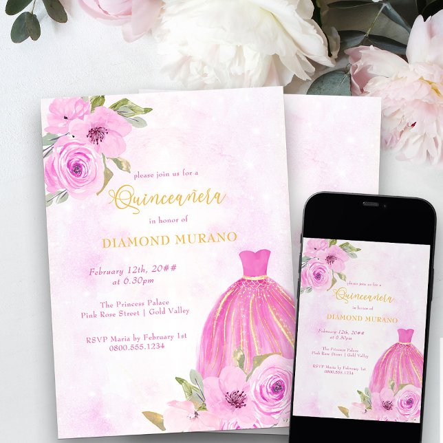 Rosa och Guld Blommigt Princess Dress Quinceanera Inbjudningar (Quinceanera Invitation from my Galaxy Floral Princess Quinceanera collection)