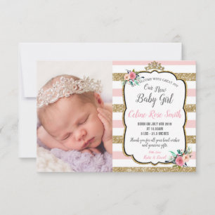 Rosa och Guld Blommigt Princess Flicka Birth Meddelande