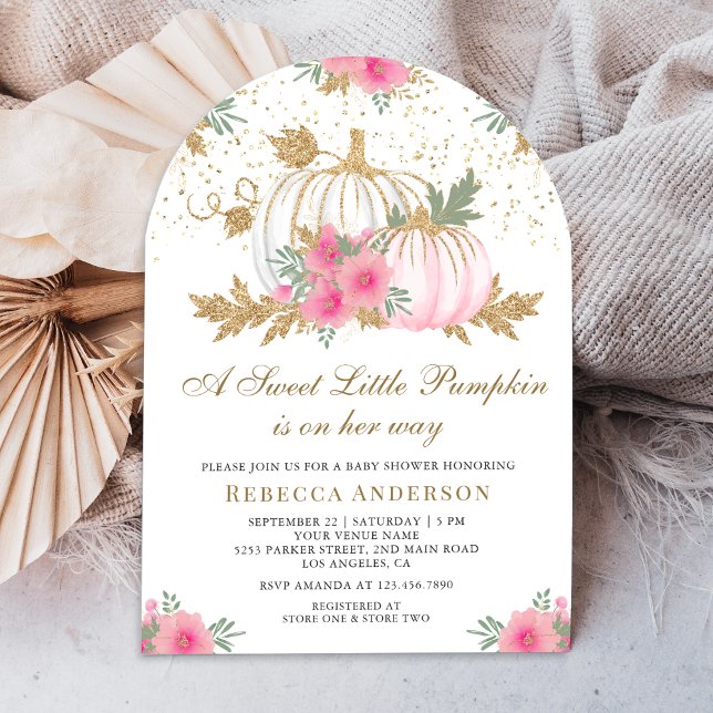 Rosa och Guld Blommigt Pumpkin Arch Baby Shower Inbjudningar (Skapare uppladdad)
