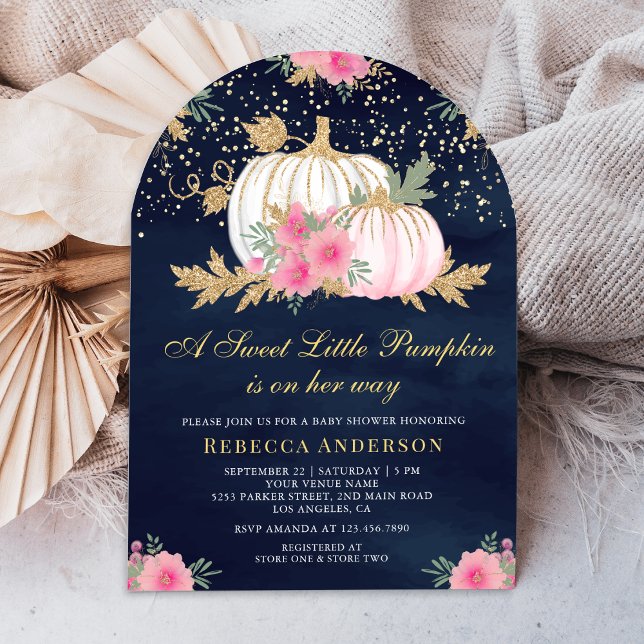 Rosa och Guld Blommigt Pumpkin Arch Navy Baby Show Inbjudningar (Skapare uppladdad)
