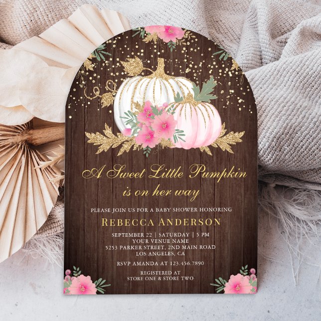 Rosa och Guld Blommigt Pumpkin Arch Wood Baby Show Inbjudningar (Skapare uppladdad)