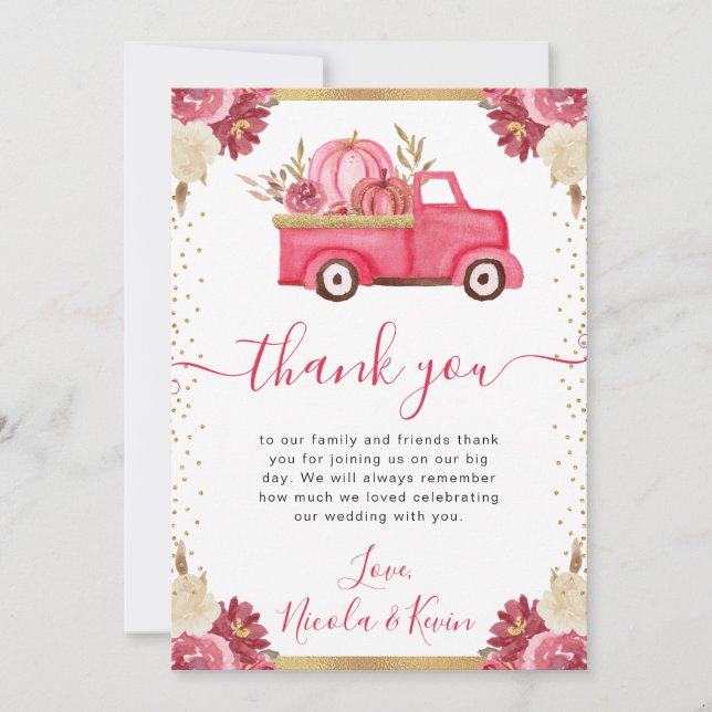 Rosa och Guld Blommigt Pumpkin Lastbil Fall Weddin Tack Kort (Framsida)