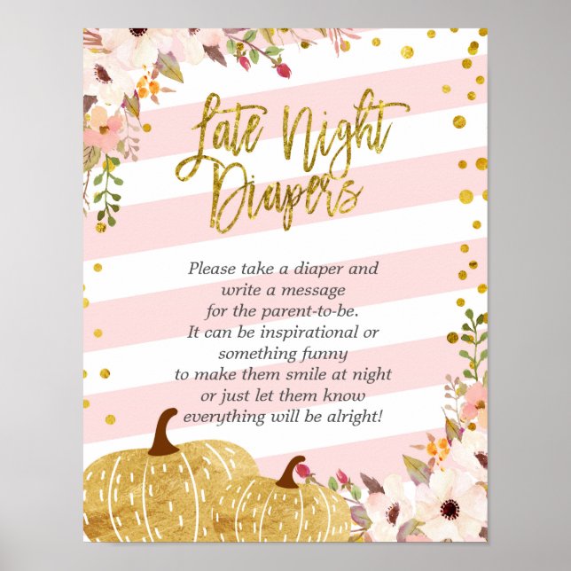 Rosa och Guld Blommigt Pumpkin Late Nght Diaper Poster (Framsidan)