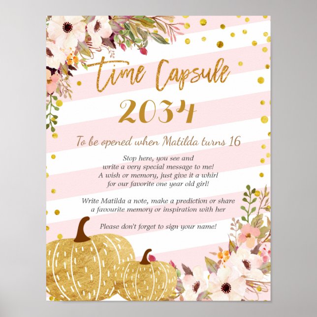 Rosa och Guld Blommigt Pumpkin Time Capsule Poster (Framsidan)