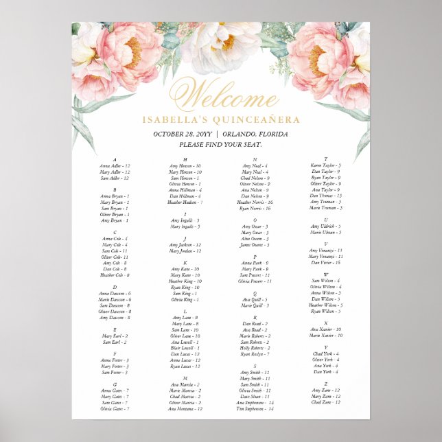 Rosa och Guld Blommigt Quinceañera-sätesdiagram Poster (Framsidan)