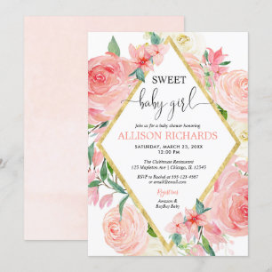 Rosa och guld blommigt, söt flicka-dusch inbjudningar