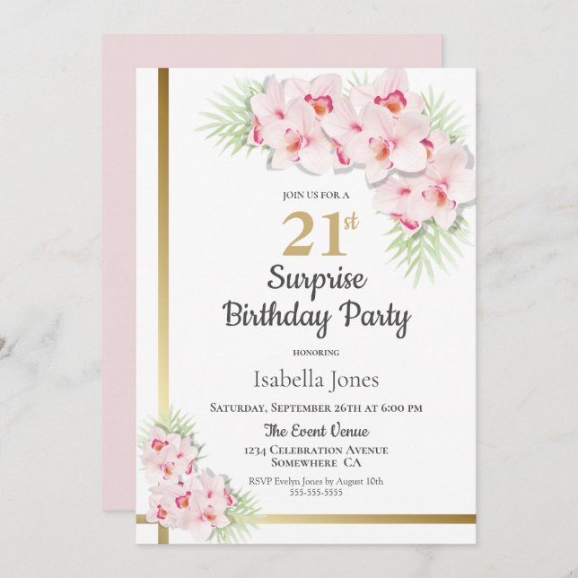 Rosa och Guld Blommigt Surprise 21:a födelsedagen  Inbjudningar (Fram/baksida)
