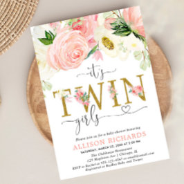 Rosa och guld blommigt, twin-flickor, babydusch inbjudningar