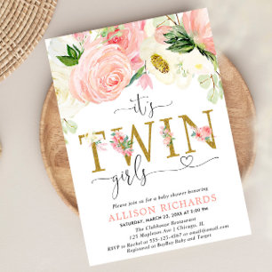 Rosa och guld blommigt, twin-flickor, babydusch inbjudningar