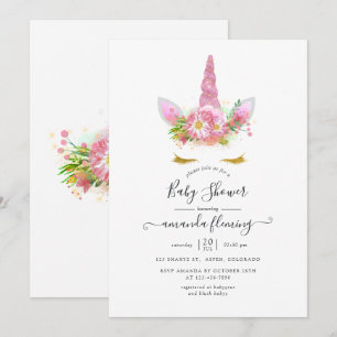 Rosa och Guld Blommigt Unicorn Baby Shower Inbjudningar