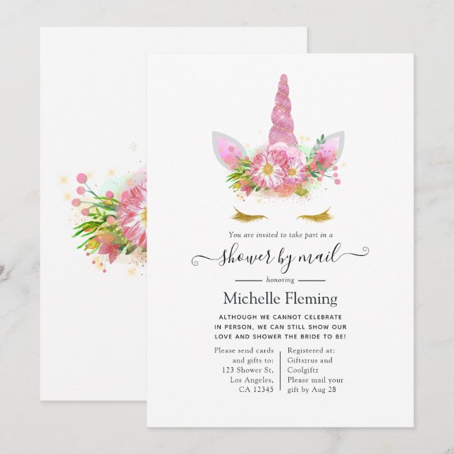 Rosa och Guld Blommigt Unicorn Baby Shower Inbjudningar (Fram/baksida)
