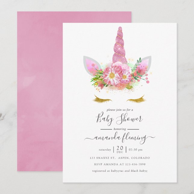 Rosa och Guld Blommigt Unicorn Girl Baby Shower Inbjudningar (Fram/baksida)
