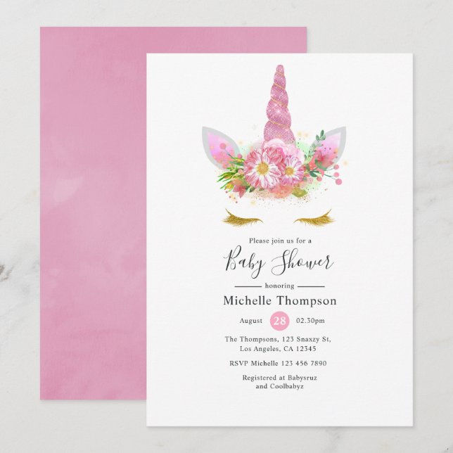 Rosa och Guld Blommigt Unicorn Girl Baby Shower Inbjudningar (Fram/baksida)