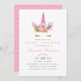 Rosa och Guld Blommigt Unicorn Girl Baby Shower Inbjudningar