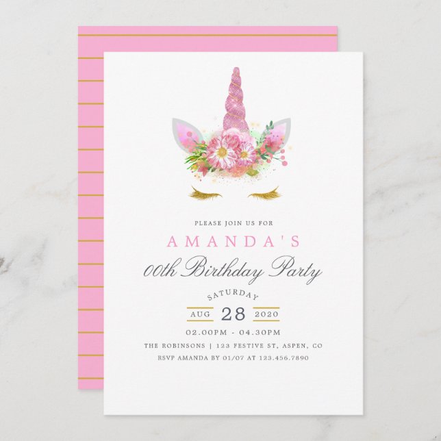 Rosa och Guld Blommigt Unicorn Girl Födelsedagsfes Inbjudningar (Fram/baksida)