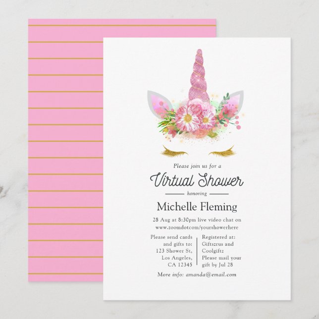 Rosa och Guld Blommigt Unicorn Virtuell Baby Showe Inbjudningar (Fram/baksida)