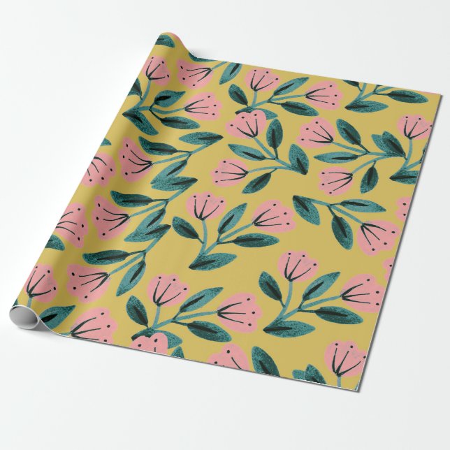 Rosa och guld blomster presentpapper (Utrullad)