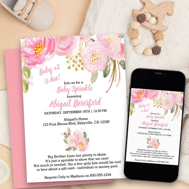 Rosa och guld blomster vattenfärg Baby Sprinkle Inbjudningar (Pink floral baby sprinkle invitation for baby number two)