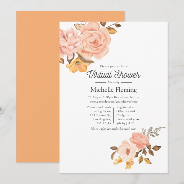 Rosa och guld blomster Virtuell Baby Shower Inbjudningar (Fram/baksida)
