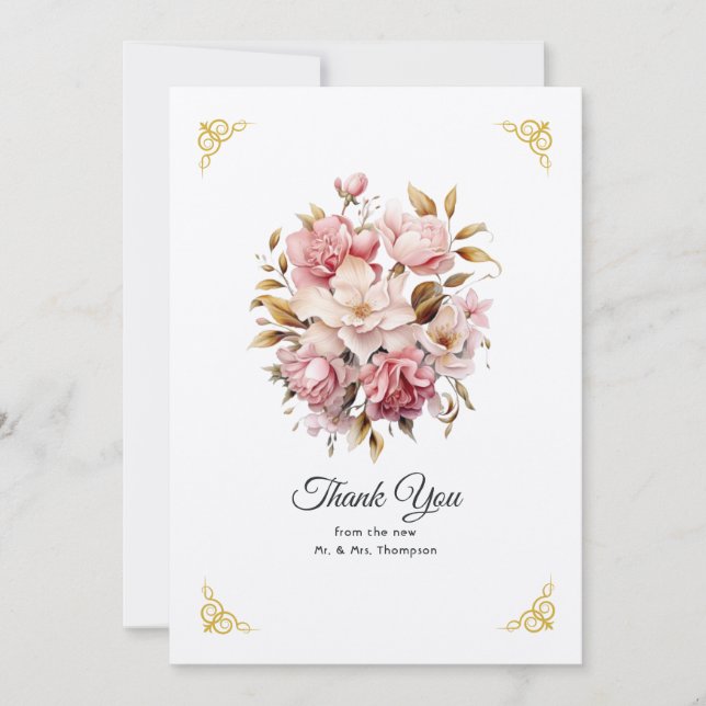 Rosa och guld blomsterbröllop tack kort (Framsida)
