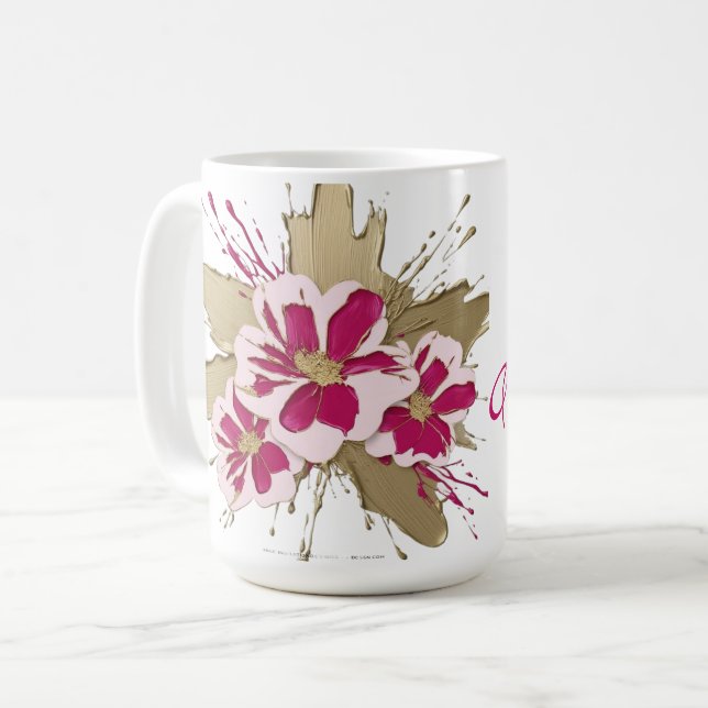 Rosa och guld blomsterbukett stänk kaffemugg (Framsida vänster)