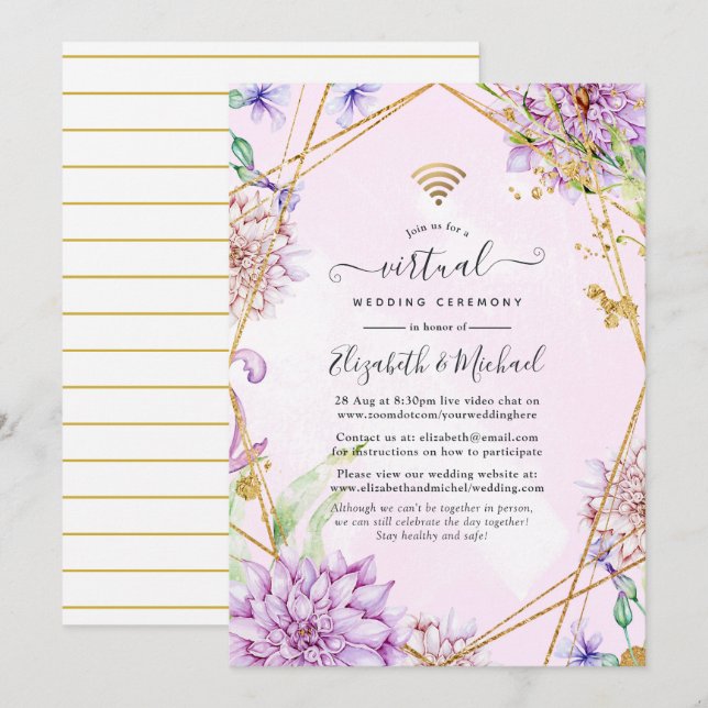 Rosa och guld blomstergeometrisk virtuell bröllops inbjudningar (Fram/baksida)
