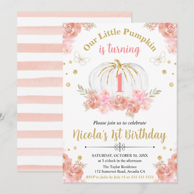 Rosa och guld blomsterpumpa flicka 1-års födelseda inbjudningar (Fram/baksida)