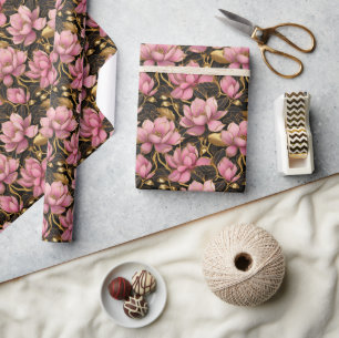 Rosa och Guld Blooming Magnolia Flowers Presentpapper
