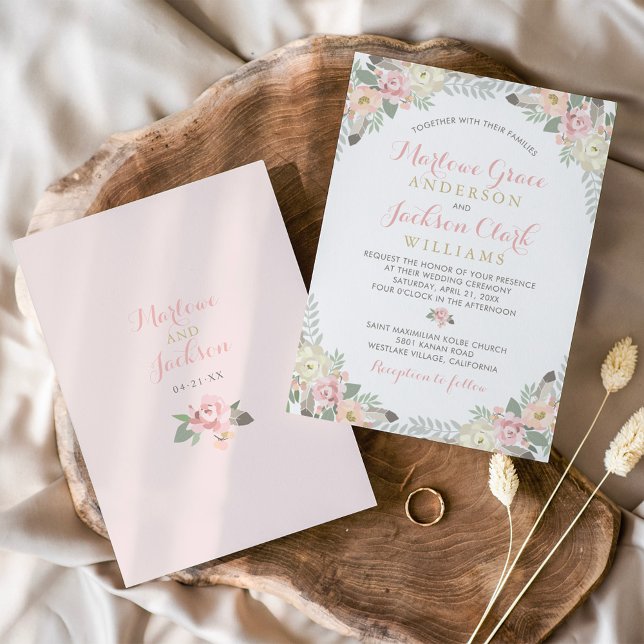  Rosa och Guld Boho-Blommigten Gräns Bröllop Inbjudningar (Skapare uppladdad)