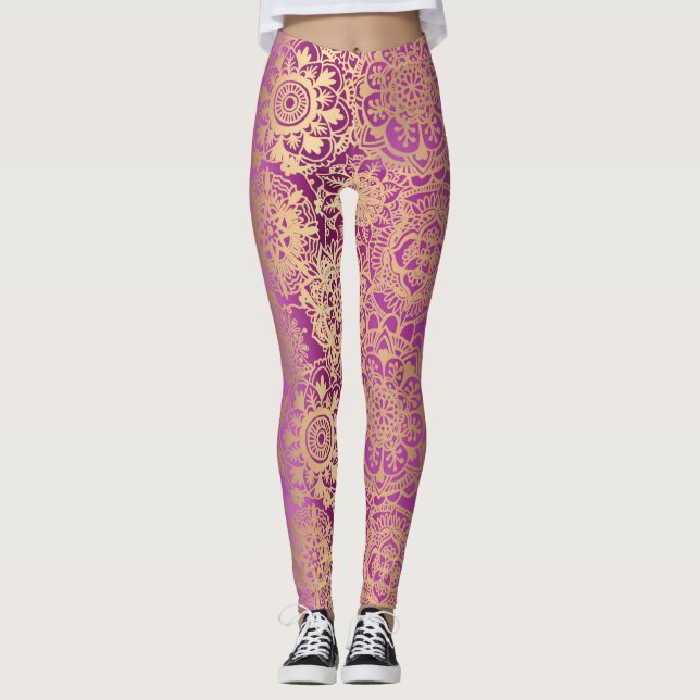 Rosa och Guld Boho Mandala Mönster Yoga Leggings (Framsida)