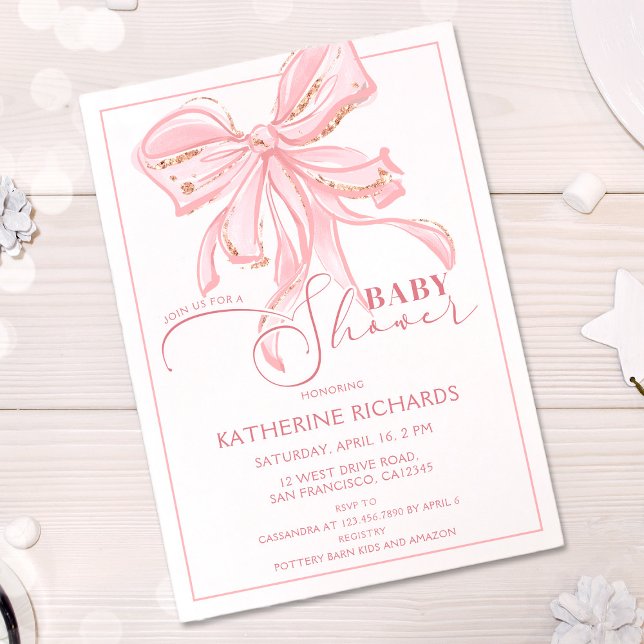 Rosa och Guld Bow Romantic Chic Baby Shower Girl Inbjudningar (Skapare uppladdad)