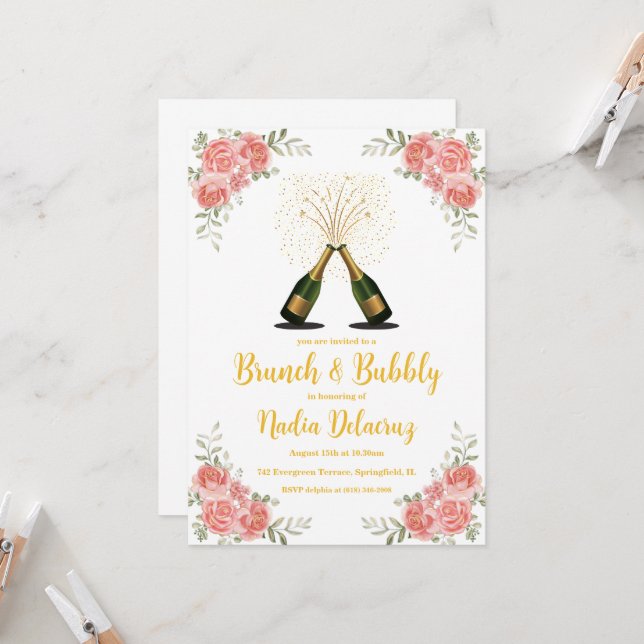 rosa och guld brunch och bubblande möhippa inbjudningar (Fram/Back In Situ)